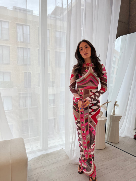 Leone Pink Printed Sheer Maxi